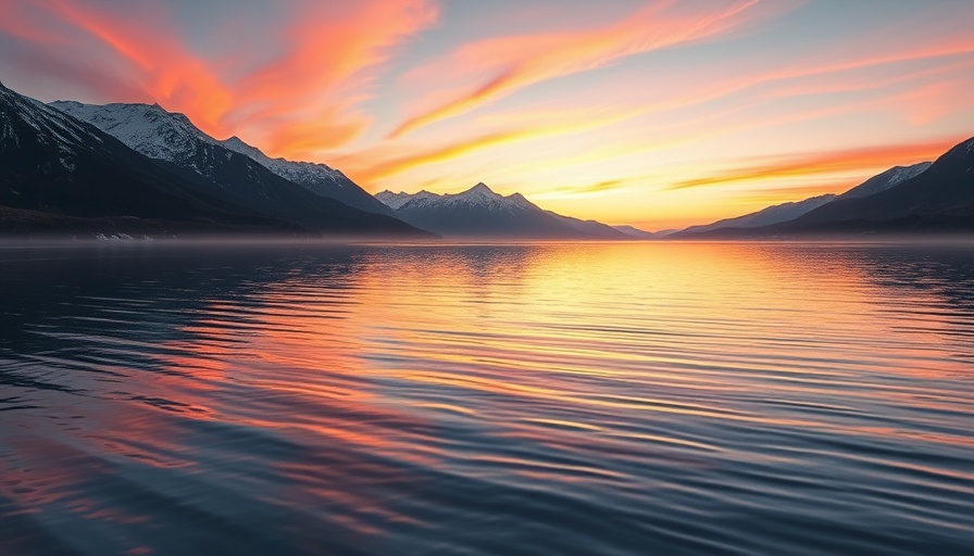 Serene mountain lake reflecting sunset sky, staying in bliss with peaceful ambiance.