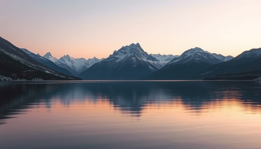 Serene mountain lake at dusk, calm waters reflecting snowy peaks.