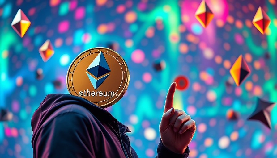 Ethereum coin graphic with vibrant colors and symbols, digital design.