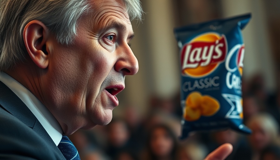 Dramatic image of political speech with Lay's bag, suggesting a political bribery case.