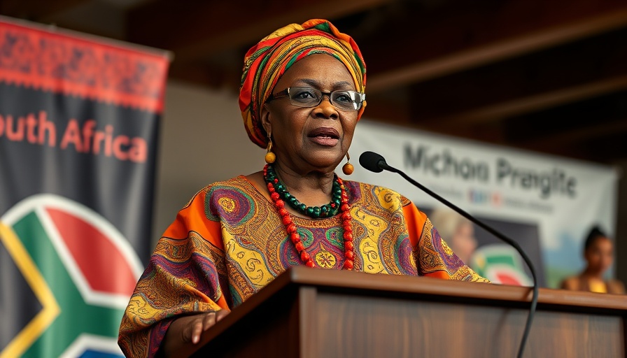Elderly woman in traditional dress speaks at South African politics event.