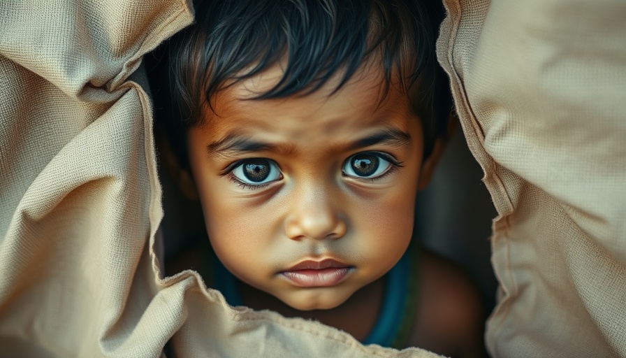 Curious child peering through fabric, highlighting post-migration challenges for refugees.