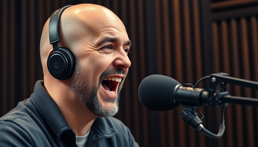 Bald man speaking in podcast studio, SEO flywheel concept.