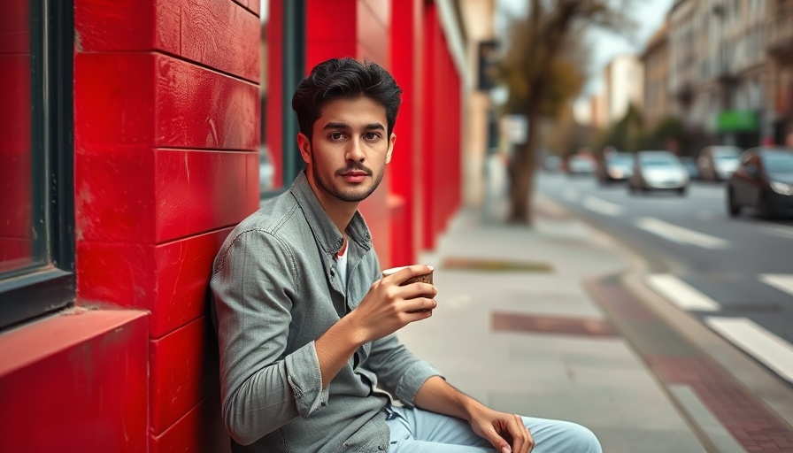 Young man practicing mindfulness with coffee on sidewalk.