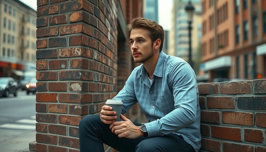 Contemplative young man holding cup on street, reflecting.