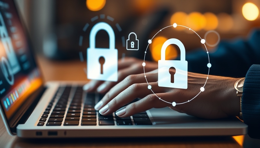 Hands typing on laptop with security icons, boosting SEO using VPN for WordPress.