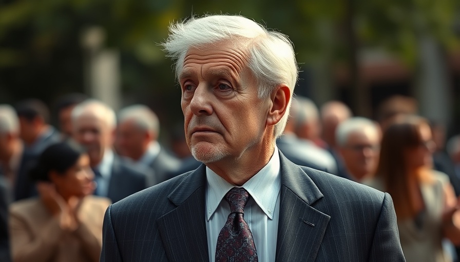 Older man in suit with thoughtful expression in outdoor setting.