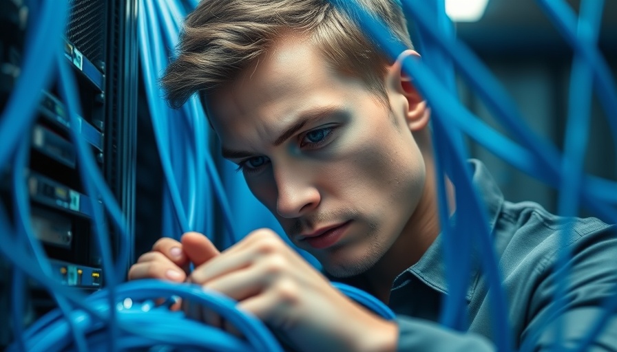 Focused technician adjusting fiber cables in AI server room, Fiber Technology in AI Innovation