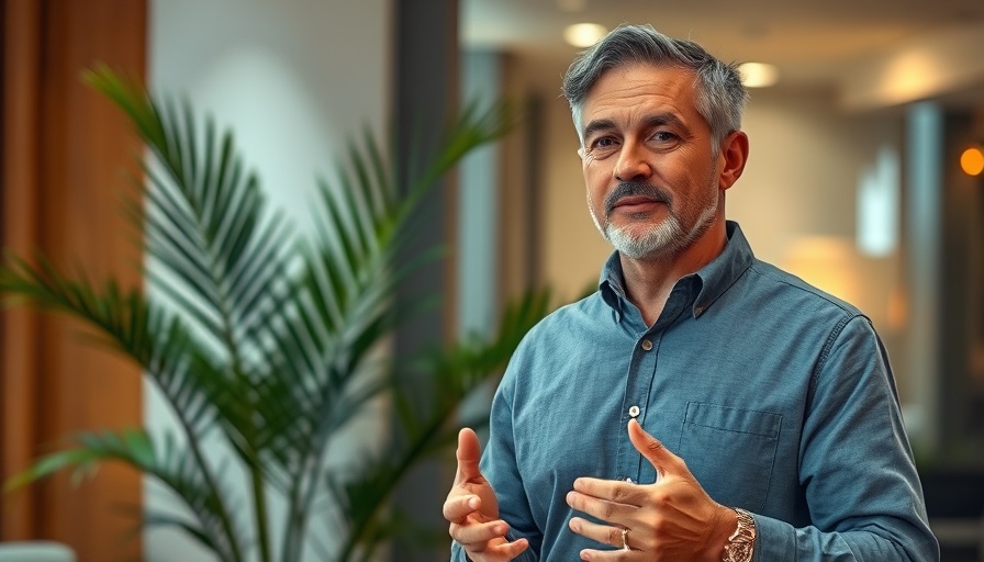 Middle-aged man in purple shirt explaining balance test