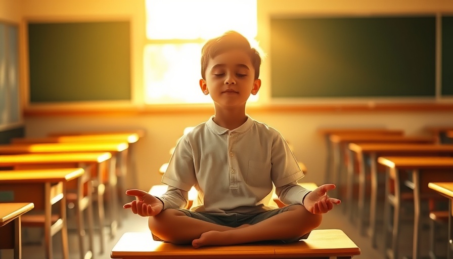Mindfulness benefits for students: Young boy meditating peacefully in a sunlit classroom.