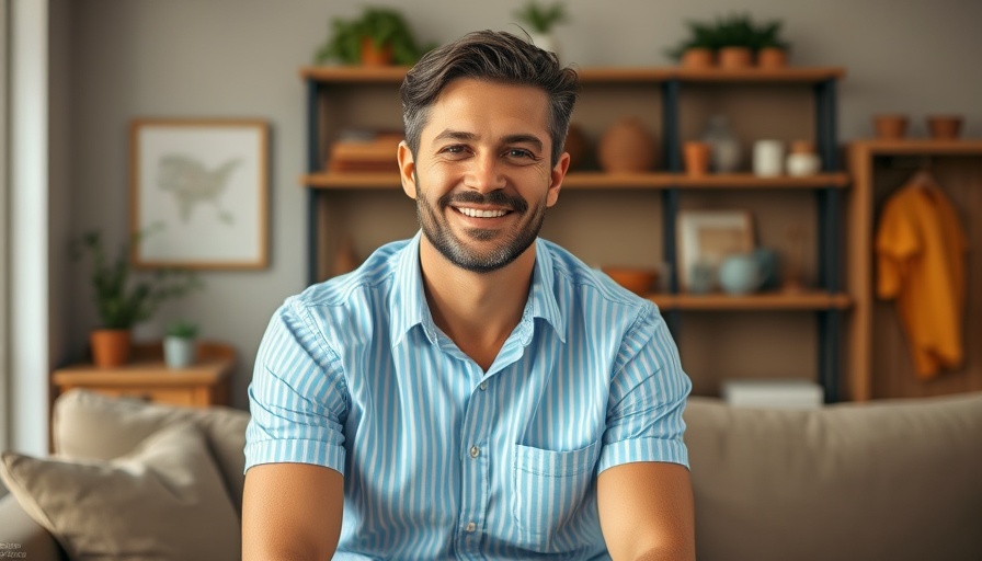 Man in light blue striped shirt smiling in cozy room, sustainable fashion