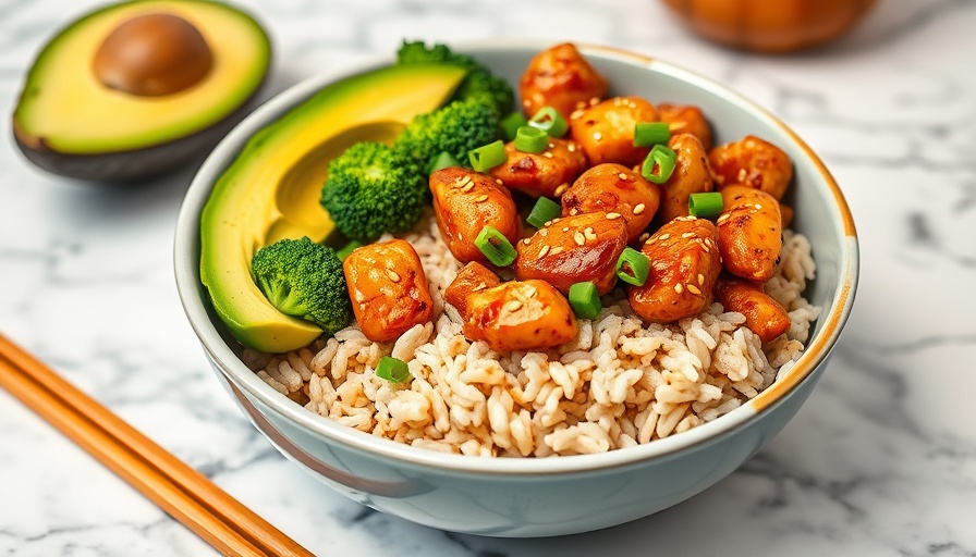 Delicious air-fried sesame chicken bowl with broccoli and avocado, perfect for kids.