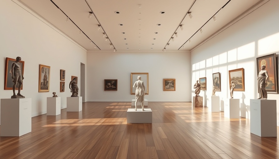 Modern art gallery interior with sculptures and paintings, soft lighting.