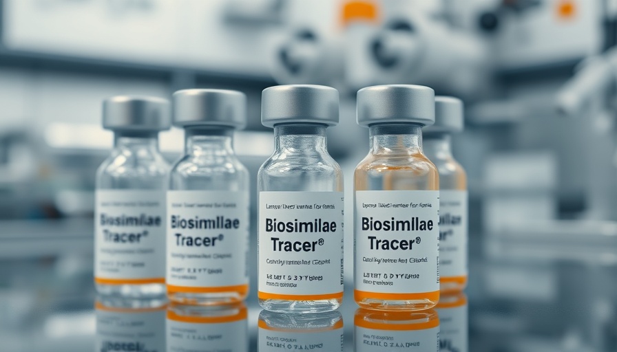 Pharmaceutical vials labeled 'Biosimilar Tracer' in a lab, reflecting pharmacy supply chain issues.
