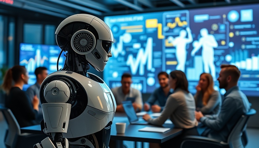 AI in digital marketing strategy meeting with humanoid robot.
