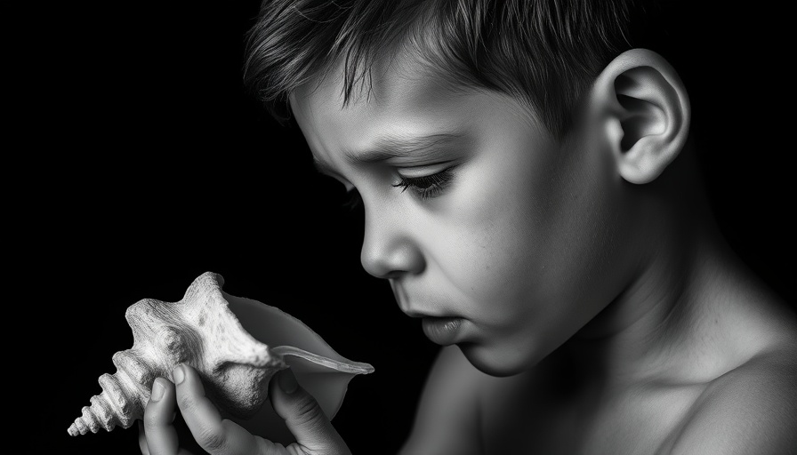 Thoughtful boy listening to seashell for mental health awareness and anxiety management.