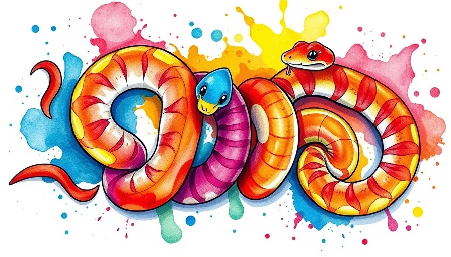 Artistic journey with Larry the Line: vibrant snake designs on canvas.