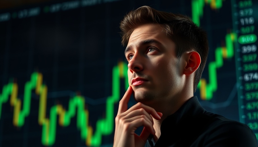 Curious man pondering altcoin investments, chart background.