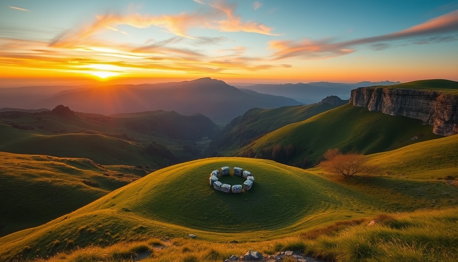 Serene landscape with stone circle at sunset, mental health mindfulness.