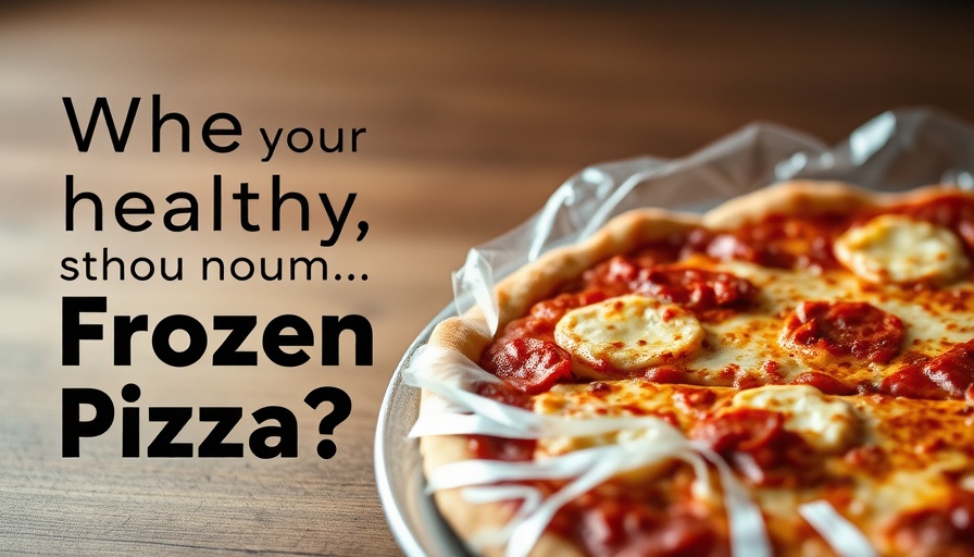Frozen pizza health options text beside wrapped frozen pizza.