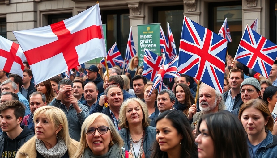 Protesters with UK and English flags at public rally, UK asylum system reforms