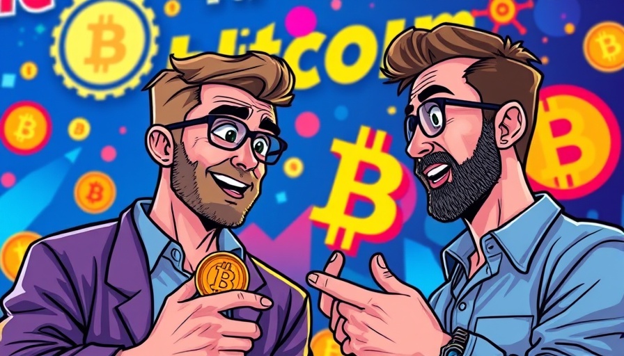 Colorful Bitcoin discussion illustration with two men, highlighting Bitcoin-powered mortgages.