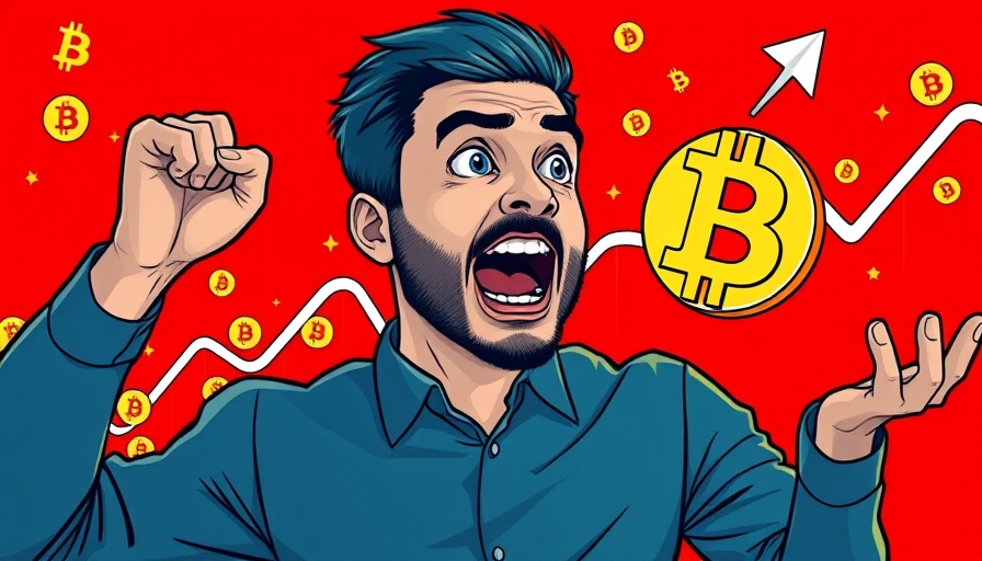 Excited man with Bitcoin price graph and crypto icons.