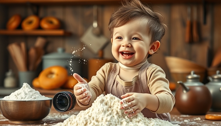 Happy toddler playing with flour in a cozy kitchen, mindfulness in mental health.