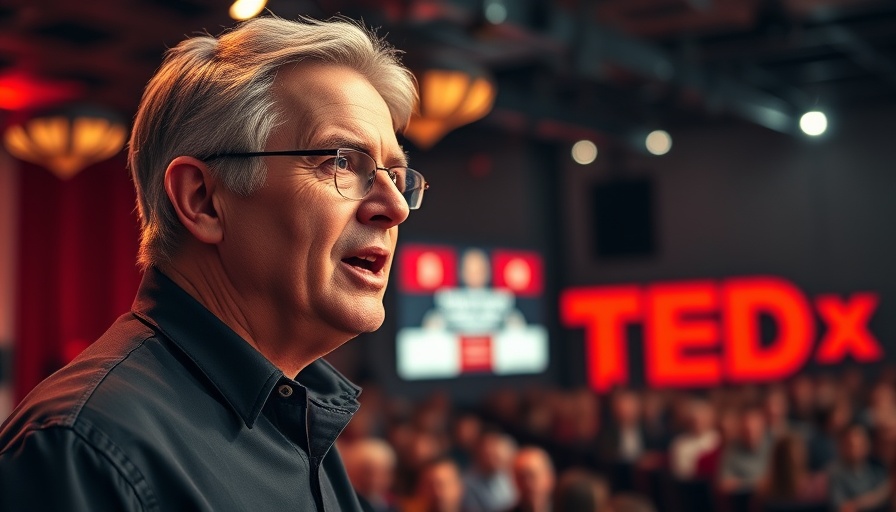 Middle-aged speaker discussing bad jokes at TEDx, workplace humor.