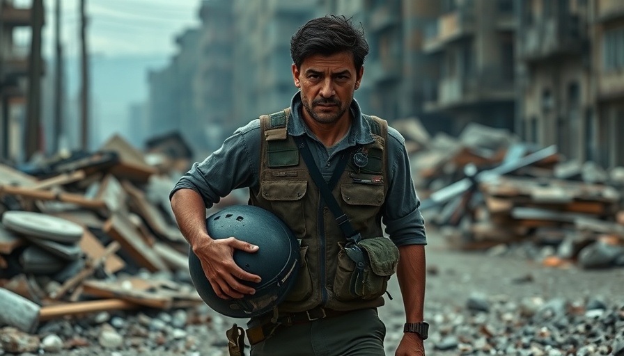 Gaza Press Freedom Crisis: Journalist amidst rubble holding helmet.