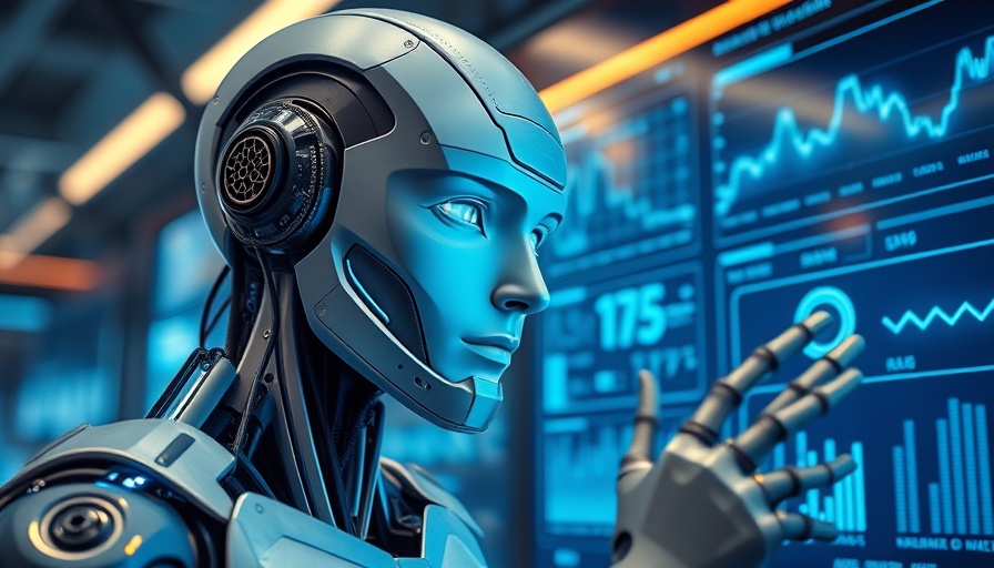 AI in Power BI Data Analysis: Futuristic robot evaluating data charts.