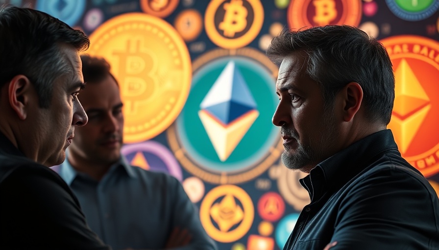 Three men discussing Bitcoin price prediction with crypto logos in the background.