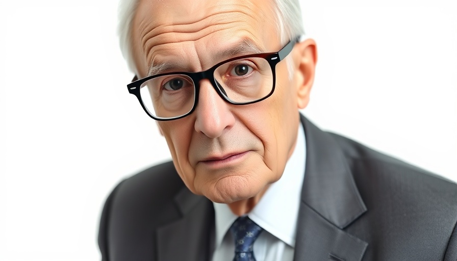 Elderly man in a suit posing in front of white background.