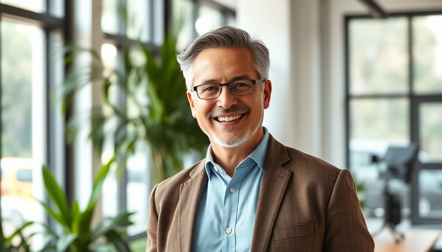 Middle-aged man in a modern office, smiling confidently, property market trends.