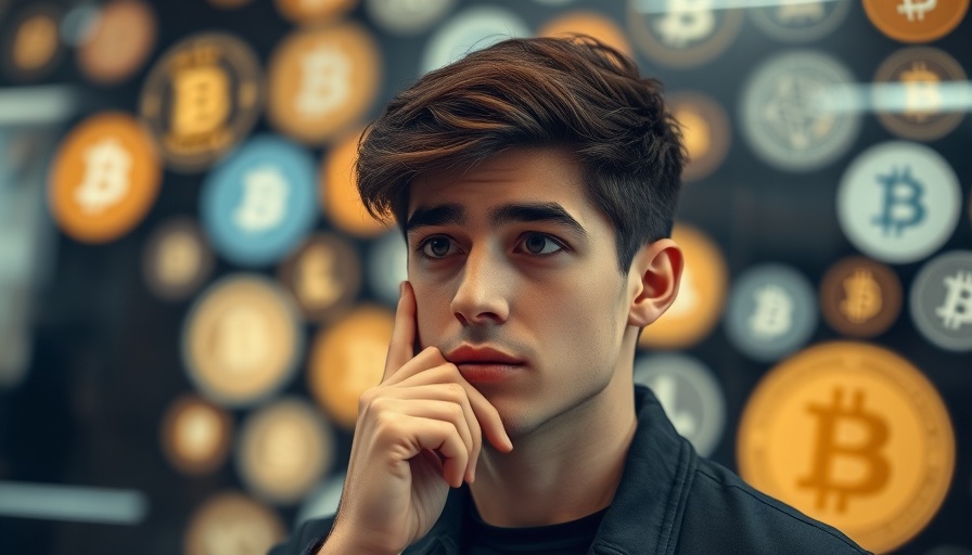 Young man contemplating finance with crypto background