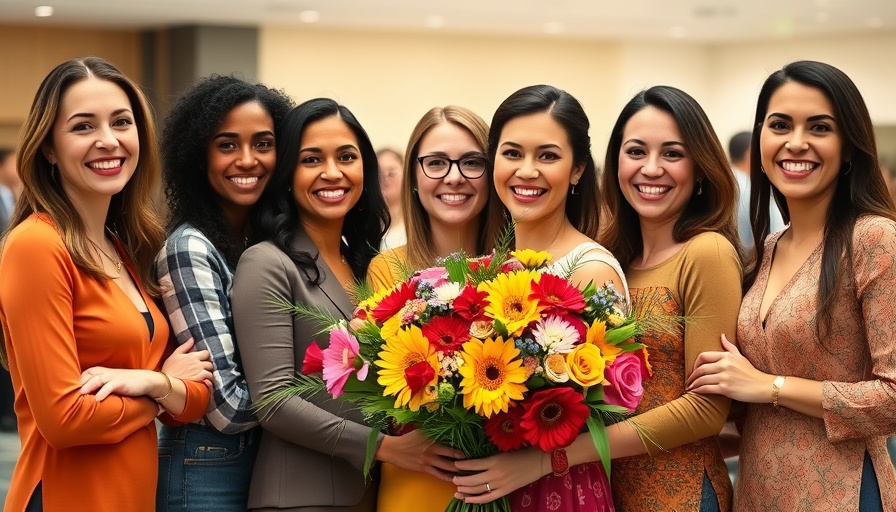 Women Leading Change 2025: Group of smiling women holding flowers.