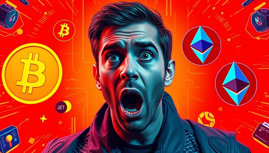Shocked reaction to Bitcoin price changes with cryptocurrency logos.