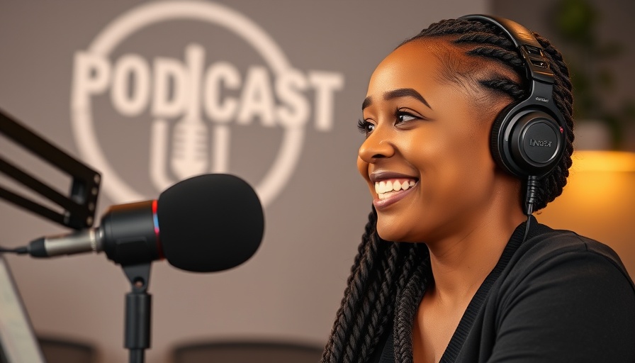 Podcast setup featuring South African politics theme, woman smiling.