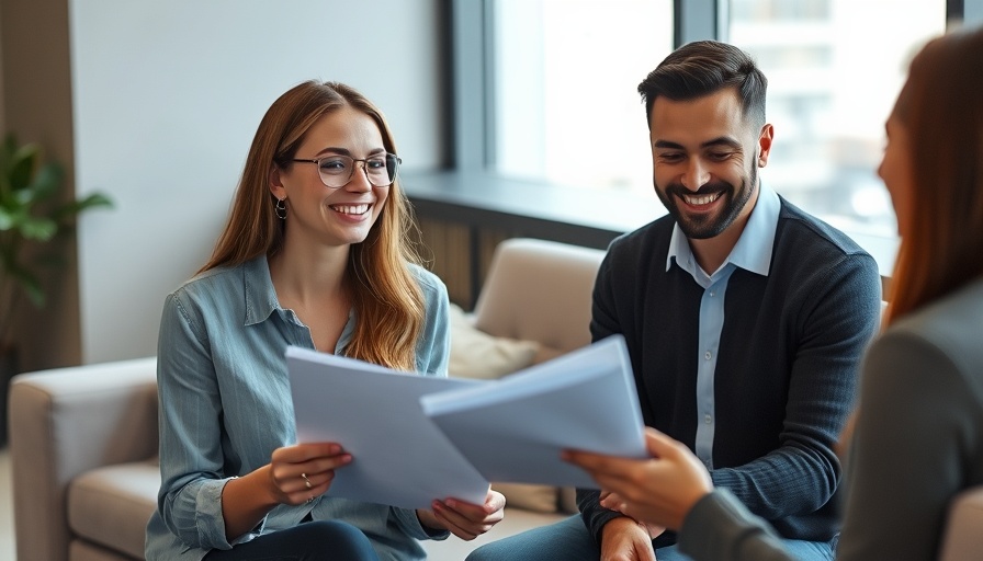 Smiling patient advocate reviewing documents in bright modern office.