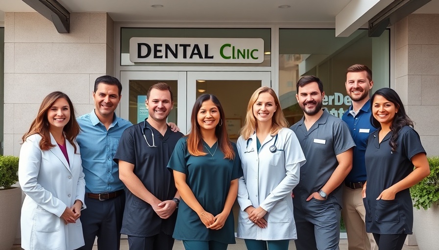 Dental team smiling outside a clinic, promoting pediatric airway care.
