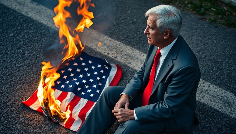 Trump's bold crackdown on flag burning depicted with flag in flames.