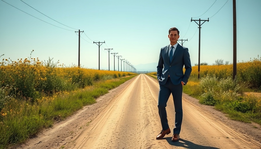 Man in sustainable fashion suit standing on rural road