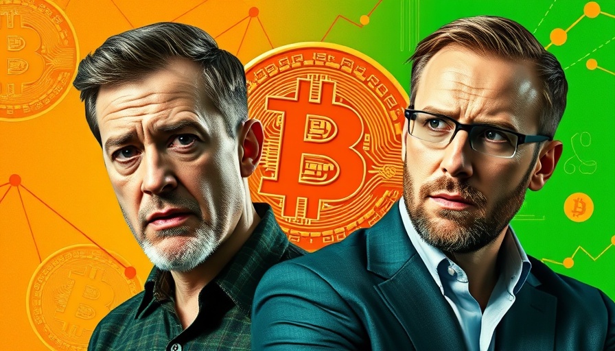 Two men discussing Bitcoin price prediction with concerned and determined expressions.