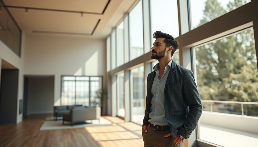 Man exploring a luxury apartment with large windows and minimalistic design.