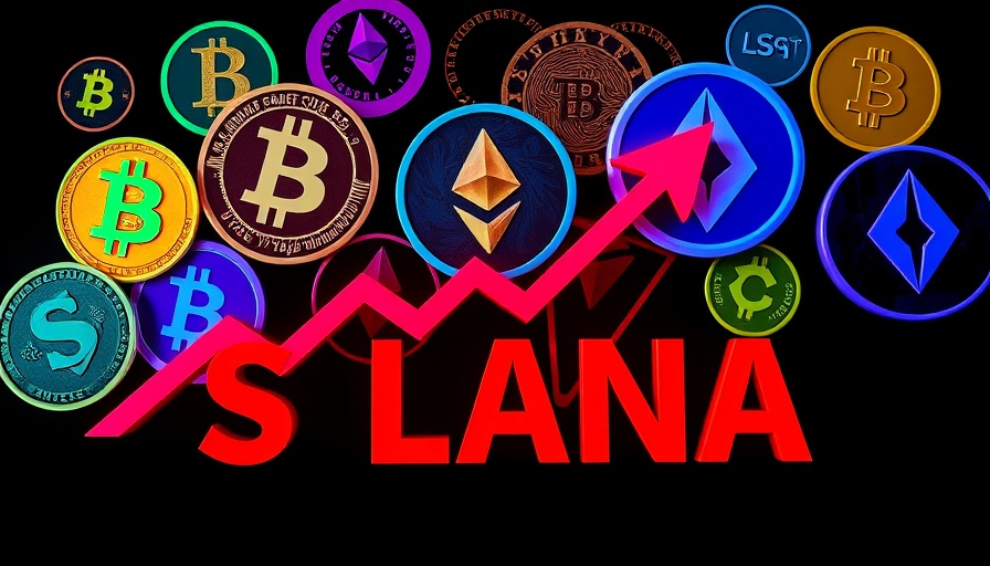 Crypto symbols including Bitcoin with bold text and arrow.