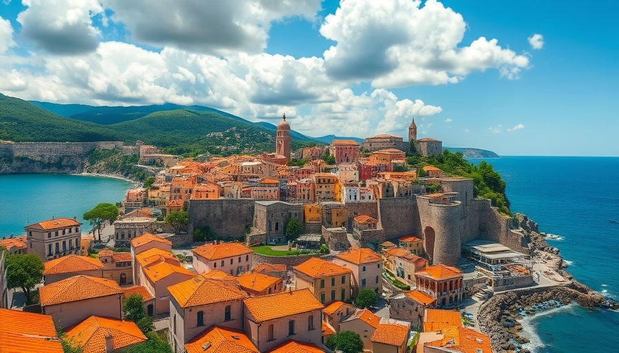 Picturesque view of a safe coastal city in Europe with historic architecture and blue sea.