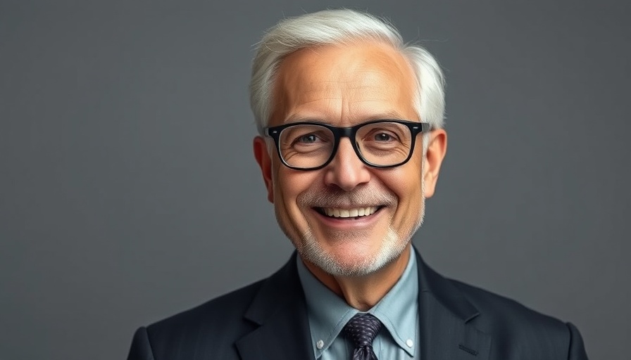 Professional older man smiling, investment strategies theme, portrait background.