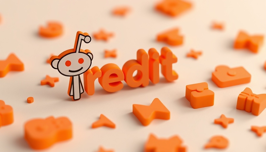Reddit logo surrounded by 3D orange objects, vibrant display.