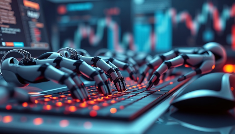 Futuristic depiction of invalid traffic in PPC with robotic clicks.