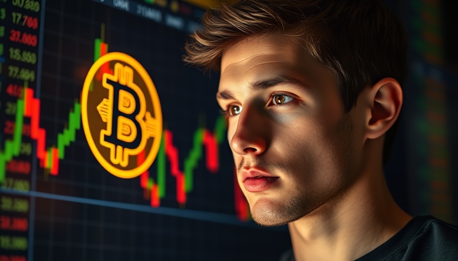 Young man analyzing crypto trading history chart with Bitcoin symbol.